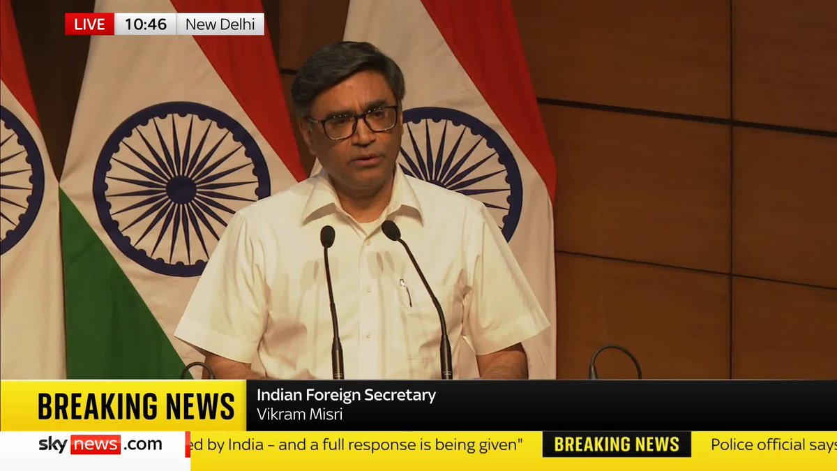 'The features of the attack on Kashmir ties in with Pakistan's long track record of perpetrating cross-border terrorism in India.' Indian foreign secretary Vikram Misri speaks at a news conference, as Pakistan and India exchange fire in disputed Kashmir.