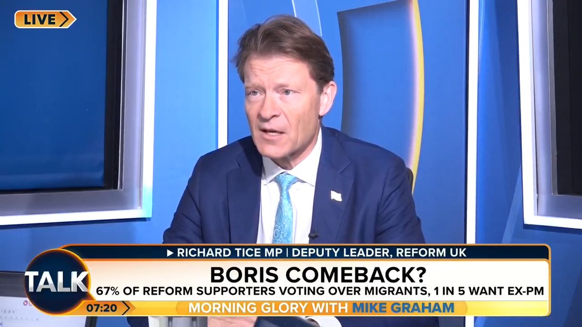 Reform UK’s deputy leader Richard Tice reacts to a new poll that suggests Boris Johnson is the only leader that can save the Tories. "He betrayed voters on mass immigration, on net stupid zero and he will continue to betray them again." Mike Graham 🇬🇧 | Richard Tice MP 🇬🇧