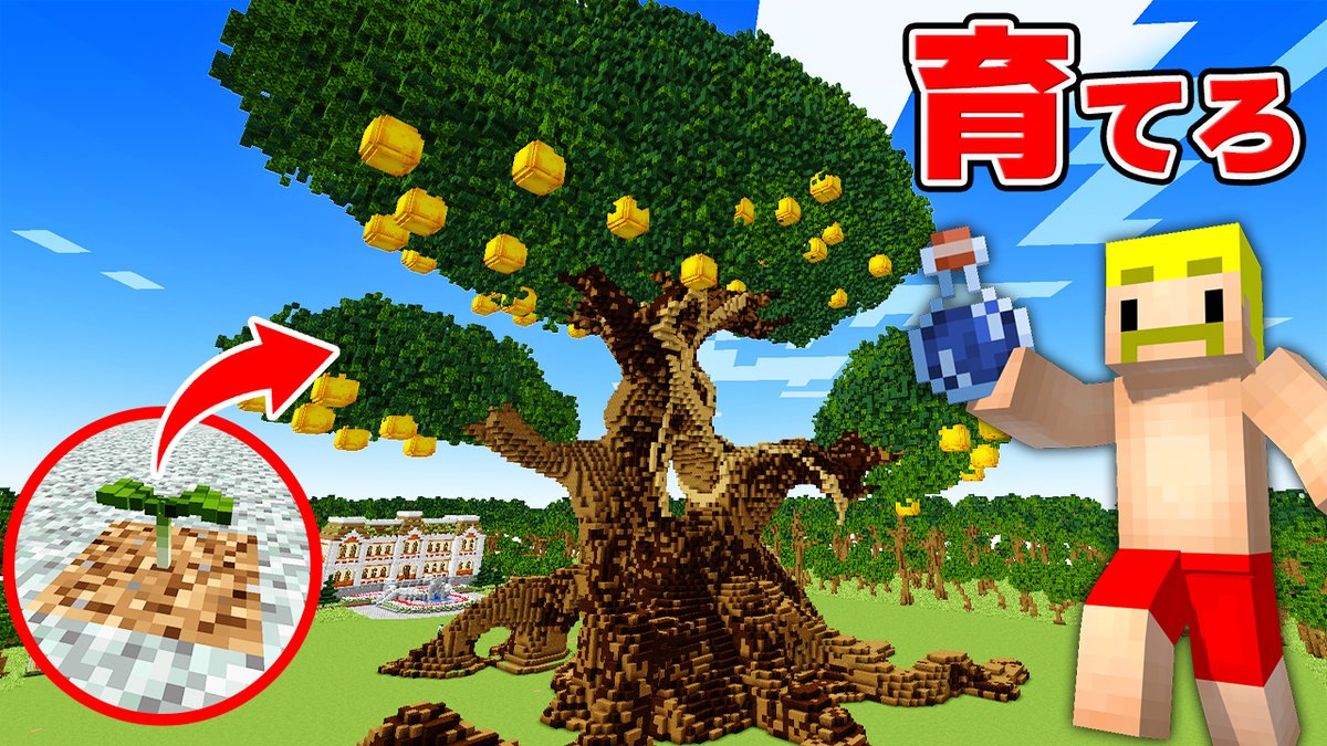 🦍🍆ドズル社チャンネル🍌☃️🐷 本日5/7(水)18:15からプレミア公開！ 超巨大な金のリンゴがなる木を育てろ！【マイクラ】 今回の大富豪おじいちゃんからの依頼は広大な乾いた大地で巨大な金リンゴの栽培！？ 様々な便利アイテムで乾ききった大地を潤し、巨大な金リンゴの木を育てることができるのか！