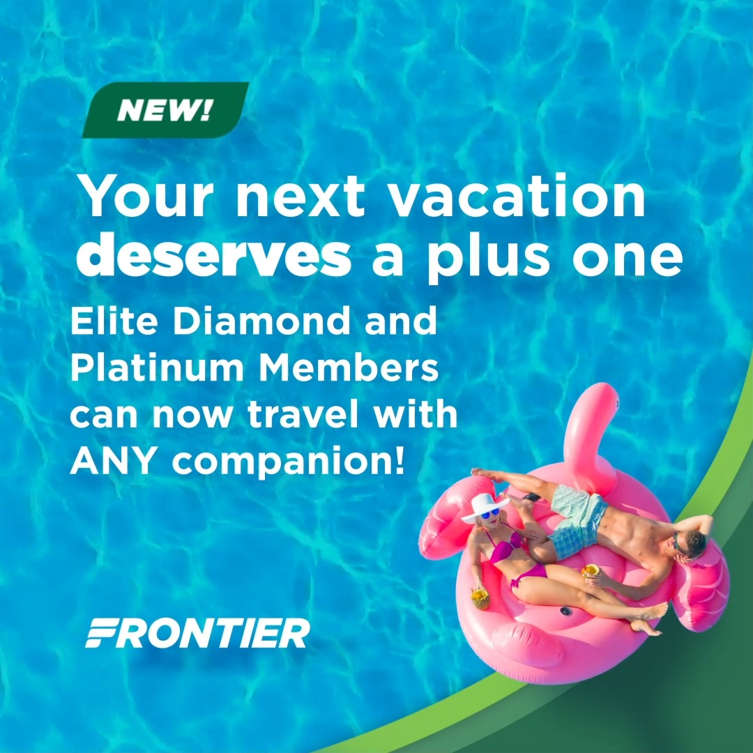 ‼️NEW PERK‼️Elite Diamond and Platinum Members get a companion for every flight! 🧑‍🤝‍👩 Why you'll love Frontier's Companion Travel Benefit: ⭐ Flexibility: Pick who you want to bring for every flight! You aren't locked into just 1 companion for the full year. It's your choice! ⭐ Unlimited Usage: Fly with a companion as many times as you like throughout the year. No blackout dates. ⭐ Affordability: Your companion flies for as little as $5.60 per flight—no additional ticket price! Learn more ➡️ *Terms and conditions apply.