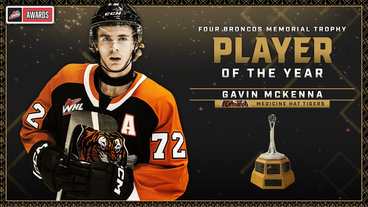 THE BEST OF THE BEST! 17-year-old Gavin McKenna is the recipient of the Four Broncos Memorial Trophy, awarded annually to the WHL Player of the Year. 📝 | Medicine Hat Tigers | #WHLAwards