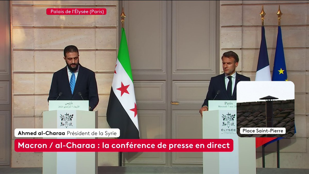 🔴 DIRECT - "Damas est à notre porte, nous en sommes conscients et, avec votre aide, nous combattons le terrorisme", a déclaré le président Français, qui s'exprime à l'Elysée au côté du président syrien par interim Ahmed al-Charaa.