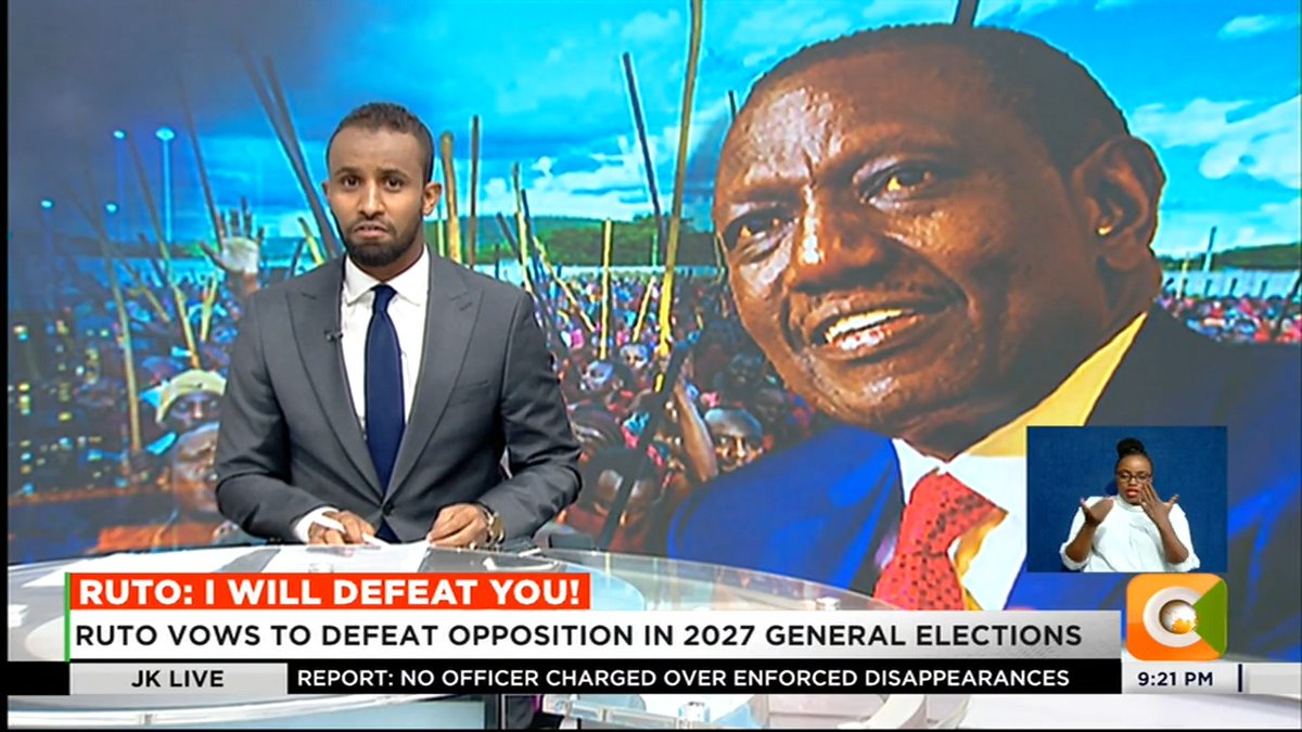Ruto: I Will Defeat You! Ruto vows to defeat opposition in 2027 general elections Ruto: I am ready to face my opponents in 2027 elections Ruto says his development record will secure him a second term #JKLive Ayub Sh Abdikadir