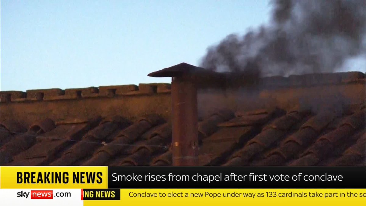 BREAKING: Black smoke rises from the Sistine Chapel after the first vote of conclave. 📺 Sky 501, Virgin 602, Freeview 233 and YouTube