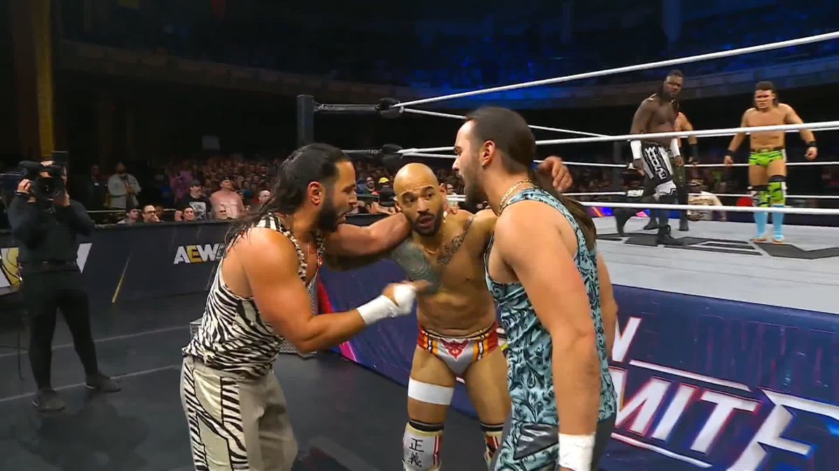 Looks like the Young Bucks and Ricochet's plan didn't work out how they were hoping! Watch #AEWDynamite LIVE on TBS &amp; MAX @SwerveConfident | Mark Briscoe | Speedball Mike Bailey | Ricochet | @YoungBucks