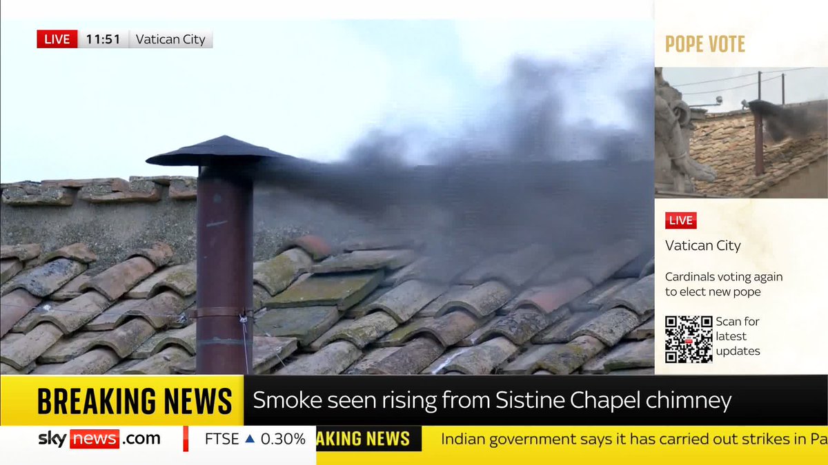 BREAKING: Black smoke rises from Sistine Chapel Chimney. 📺 Sky 501, Virgin 602, Freeview 233 and YouTube