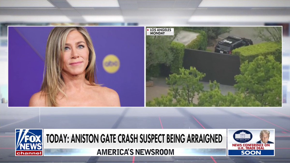 Jennifer Aniston's alleged stalker set to be arraigned after crashing into her mansion's front gate while she was home.