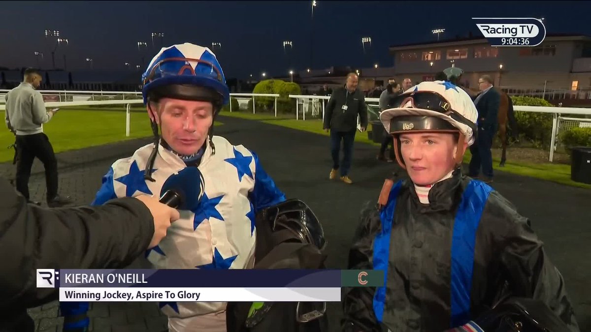 A winning interview with a difference 😃 Not one jockey but two, and good weighing room pals Kieran O'Neill Kieran O Neill and Hollie Doyle after they pass the post together in a dead-heat finale at Chelmsford City Racecourse 🥇