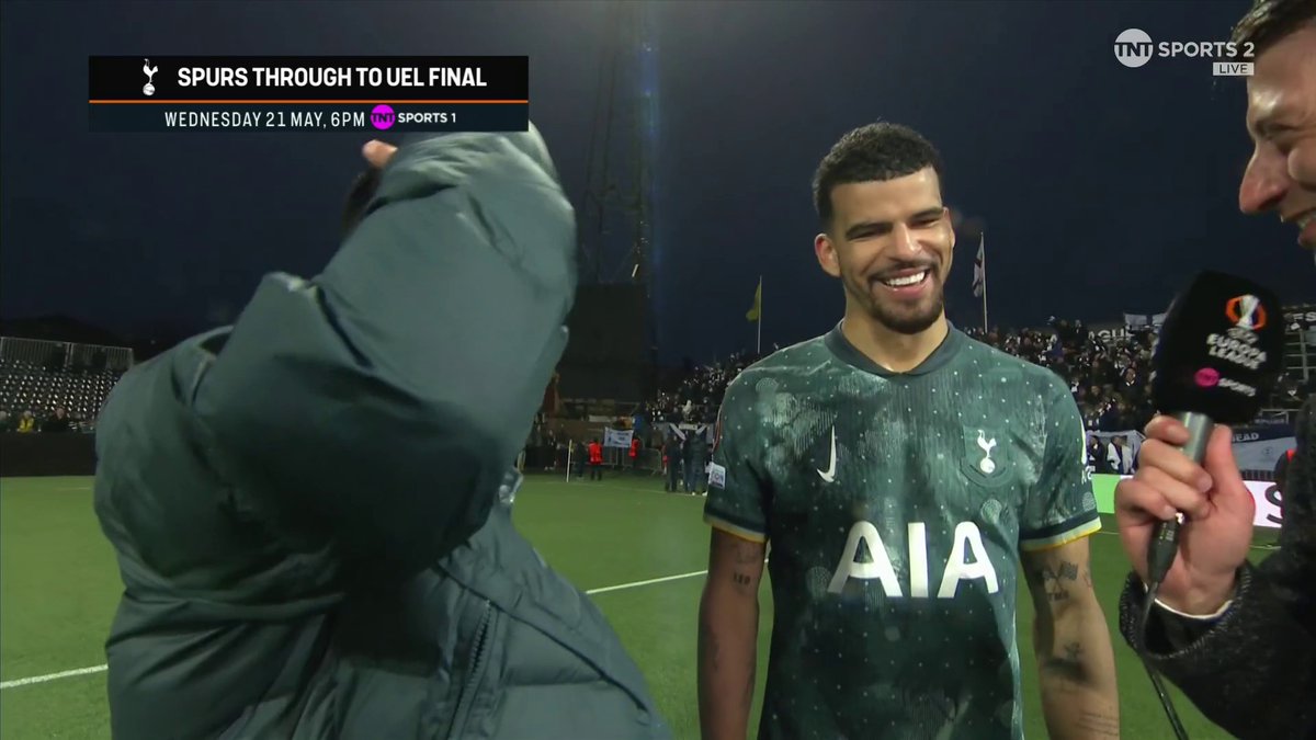 "One more game to go, and hopefully we can do it!" 🏆 Goalscorers Dom Solanke and Pedro Porro sum up their thoughts on making the Europa League Final after a 5-1 aggregate win seals their place 🤩 🎙️ @dannyjamieson | 📺 TNT Sports &amp; discovery+ UK
