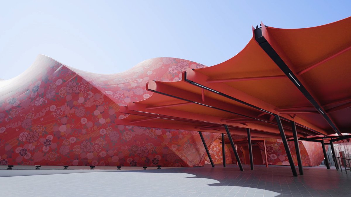 📍飯田グループ×大阪公立大学共同出展館 特殊加工された西陣織の生地を 全面にまとったパビリオン🪭 水素社会実現に向けた“人工光合成技術”や AIを活用した未来住宅など、“暮らし”に関する 未来の技術を楽しく体験できます✨ 20mを超える巨大な街のジオラマも👀✨ #EXPO2025 #きたぞ万博