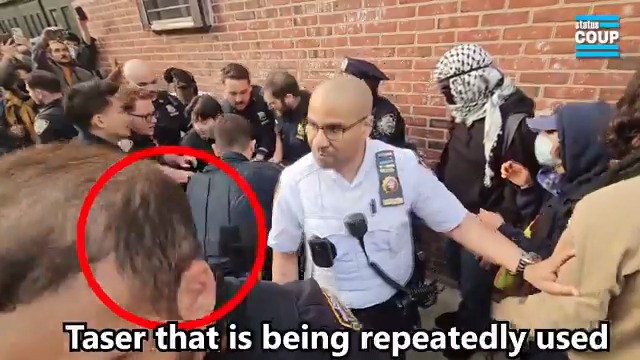 🚨"They're tasing him!" -protester shouts as NYPD tases &amp; punches pro-Palestinian protesters at Brooklyn College. NYPD's brutality came in response to BC students trying to form a campus encampment to demand BC divest from companies profiting from Israel’s genocide of Gaza.