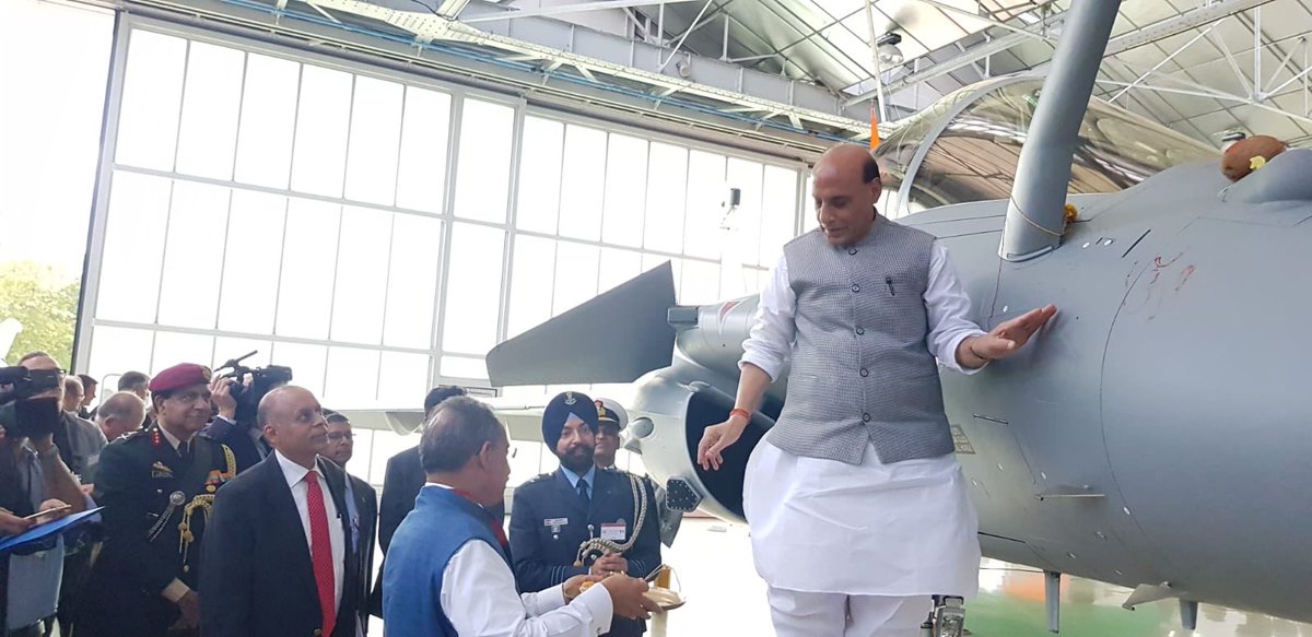 October 2019: Indian def minister Rajnath Singh performed Shastra Puja on the Rafale when handed over in France - hoping it will become a source of pride. Instead, Rafale has grounded this pride into the dust.