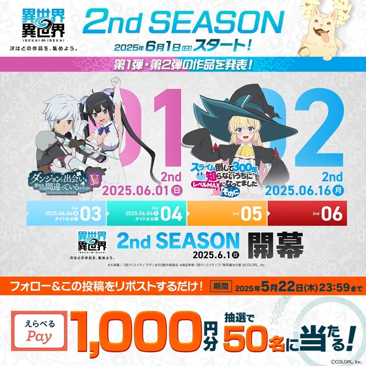 ✨異世界∞異世界【2nd SEASON】2025.6.1開幕✨ 『えらべるPay1,000円分』が50名様に当たる🎁 1️⃣このアカウント（異世界∞異世界【公式】）をフォロー 2️⃣この投稿をリポスト ▼応募規約 #danmachi #ダンまち #スライム倒して300年 #いせいせ #異世異世