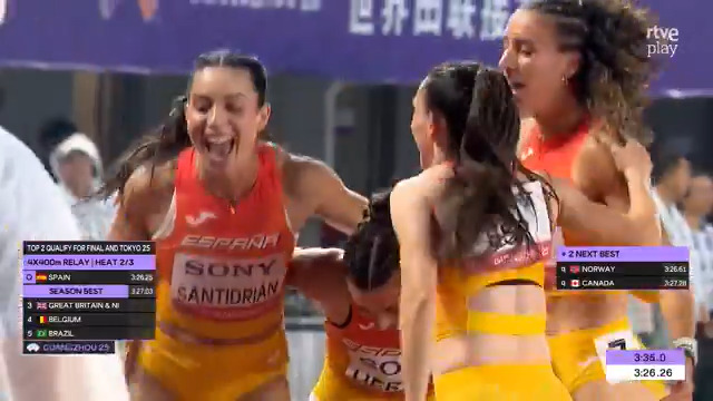 ¡¡Muy Golden Bubbles!! Paula Sevilla, Daniela Fra, Eva Santidrián, Blanca Hervás ganan su serie del 4x400 femenino sobre la pista mojada de Cantón y sacan billete para Tokio Sigue la competición en RTVE Play