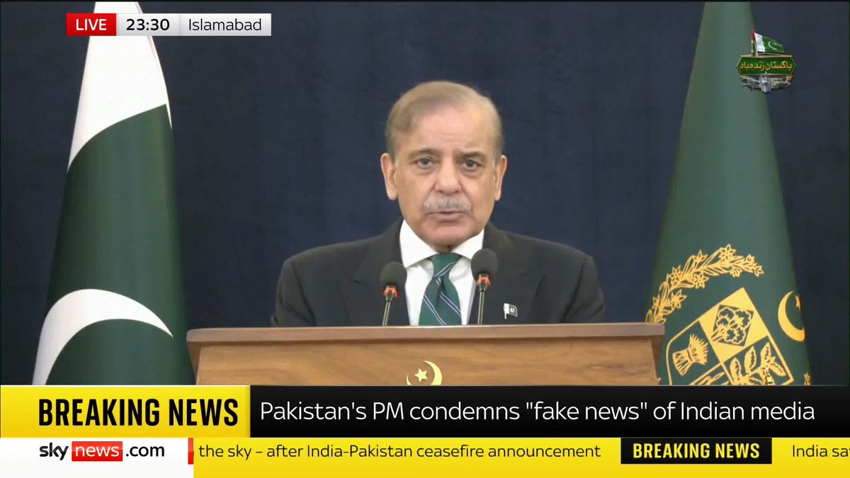 "I want to really extend my gratitude and say thank you to President Trump, who has played a very pivotal and paramount role in the ceasefire" Pakistan's PM Shehbaz Sharif addresses the nation after the ceasefire announcement Live updates ➡️ 📺 Sky 501
