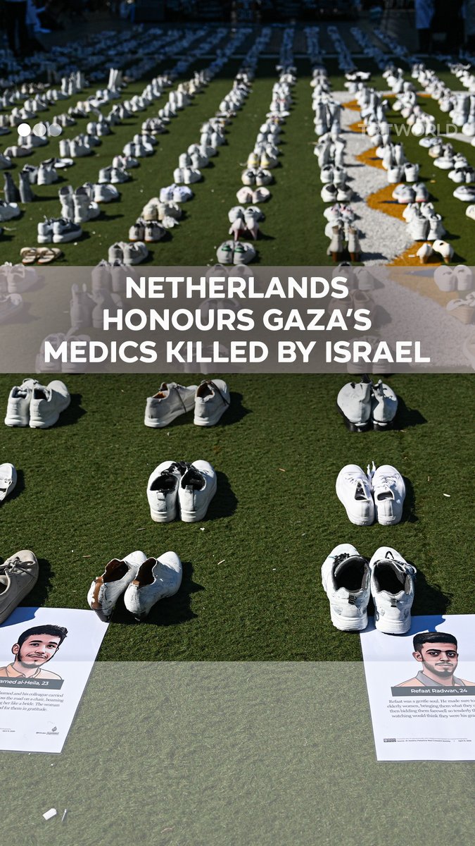 2025年5月10日 🇳🇱ロッテルダムの路上に1400足の白い靴が並べられた。🇮🇱イスラエルによって🇵🇸ガザで殺された医療従事者たちを追悼するために。🇳🇱国内外から医師、看護師、医学生、人権活動家が集結し、命を奪われた医療従事者の名前を一人一人読み上げて追悼した。RIP 🎥TRT