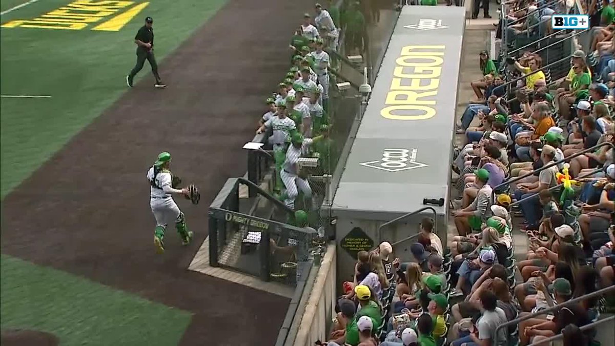 We still can't get over this catch 😲 Oregon Duck Baseball 1B Jacob Walsh lands in the team's dugout after making an incredible leaping grab in foul territory 👇 #B1GBaseball