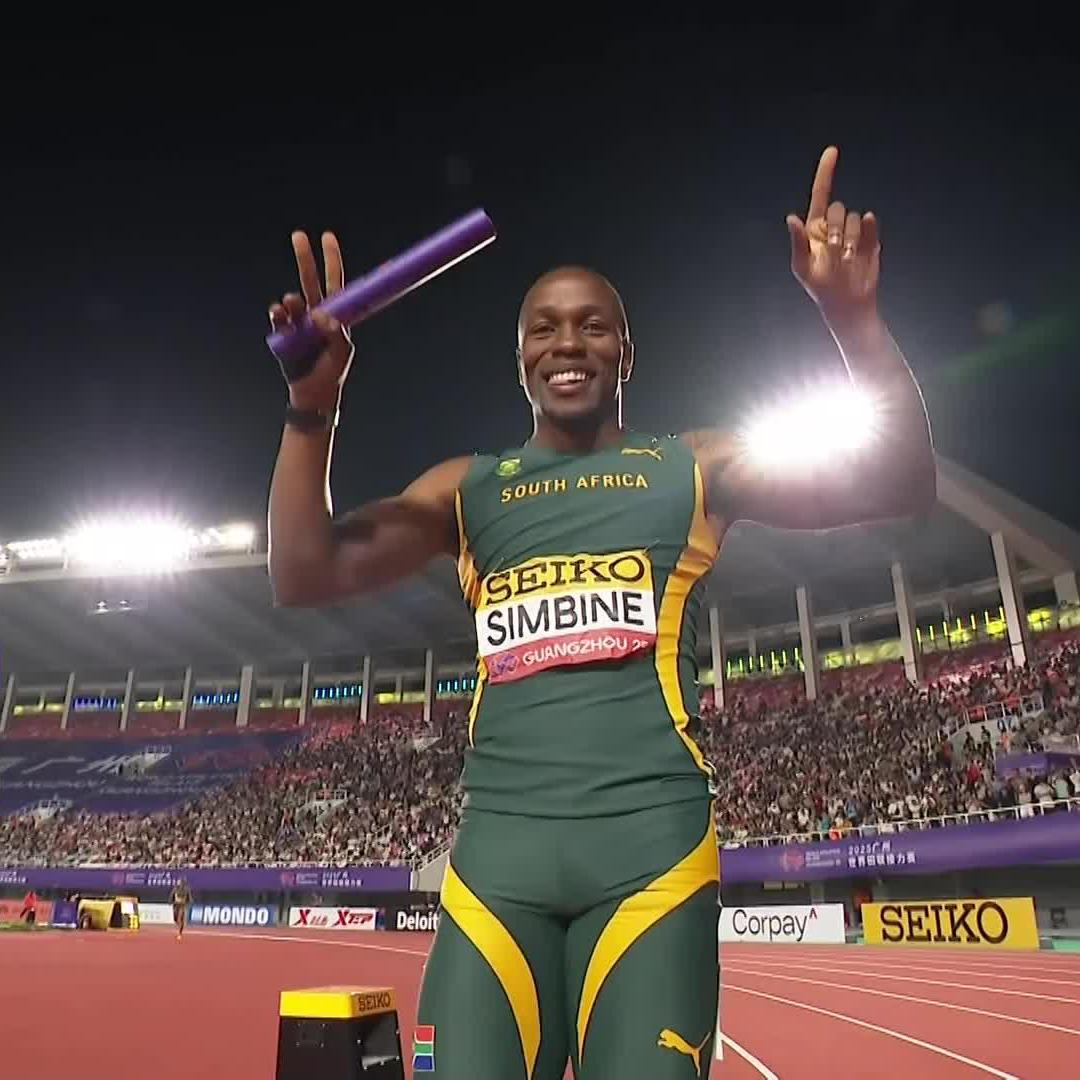 Walaza, Dambile, Nkoana and Simbine ⚡ Team South Africa's Men's 4x100m relay team set a new world lead time ⏱️🔥 #SSAthletics | #WorldRelays