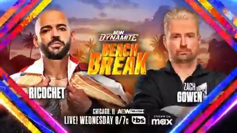This Wednesday, May 14 #AEWDynamite Beach Break Chicago, IL LIVE, 8ET/7CT on TBS Network + @SportsOnMAX Ricochet vs Zach Gowen After Ricochet assaulted Zach Gowen in front of his family at #AEWCollision, they’ll fight 1-on-1 at Beach Break Dynamite THIS WEDNESDAY!