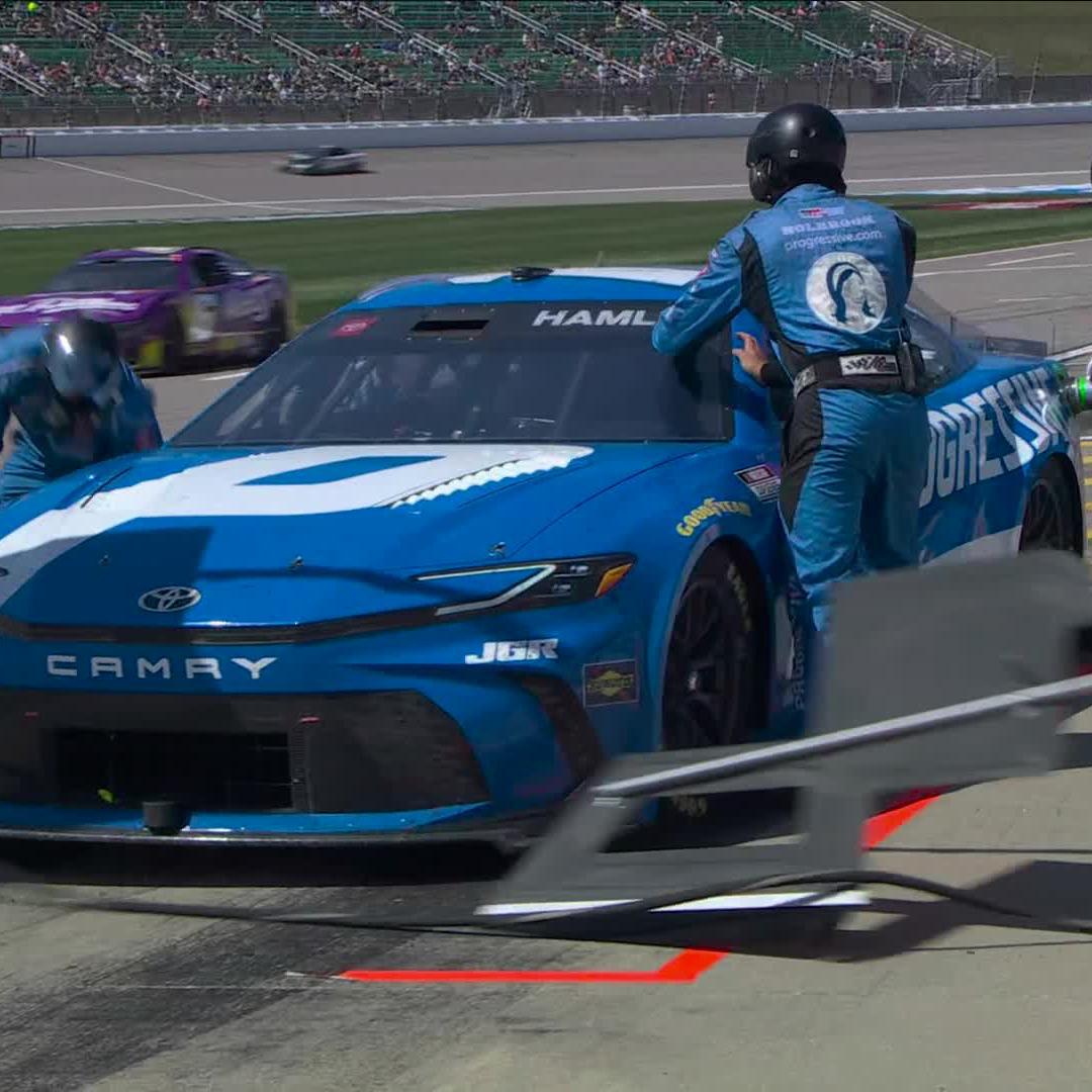 A slow stop for the No. 11 causes Denny Hamlin to lose seven spots on pit road.