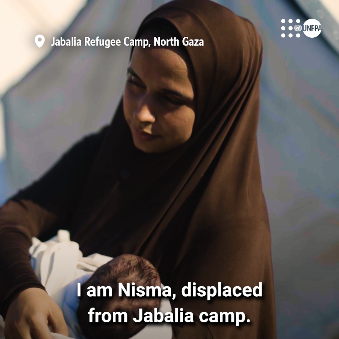 Giving birth shouldn't be a fight for survival. In #Gaza, Nisma had to flee her home pregnant and now struggles to feed her newborn. 📽️ Hear her story and see how UNFPA—the United Nations sexual and reproductive health agency—is supporting #mothers during crises: