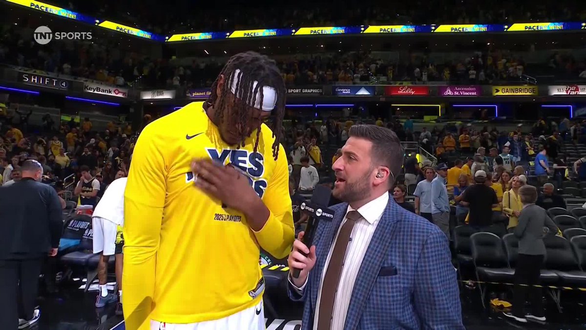 "Staying focused. Don't believe the hype. Keep rollin'." 🗣️ Myles Turner with Jared Greenberg explaining Indiana's mindset after an absolute domination of Cleveland in Game 4