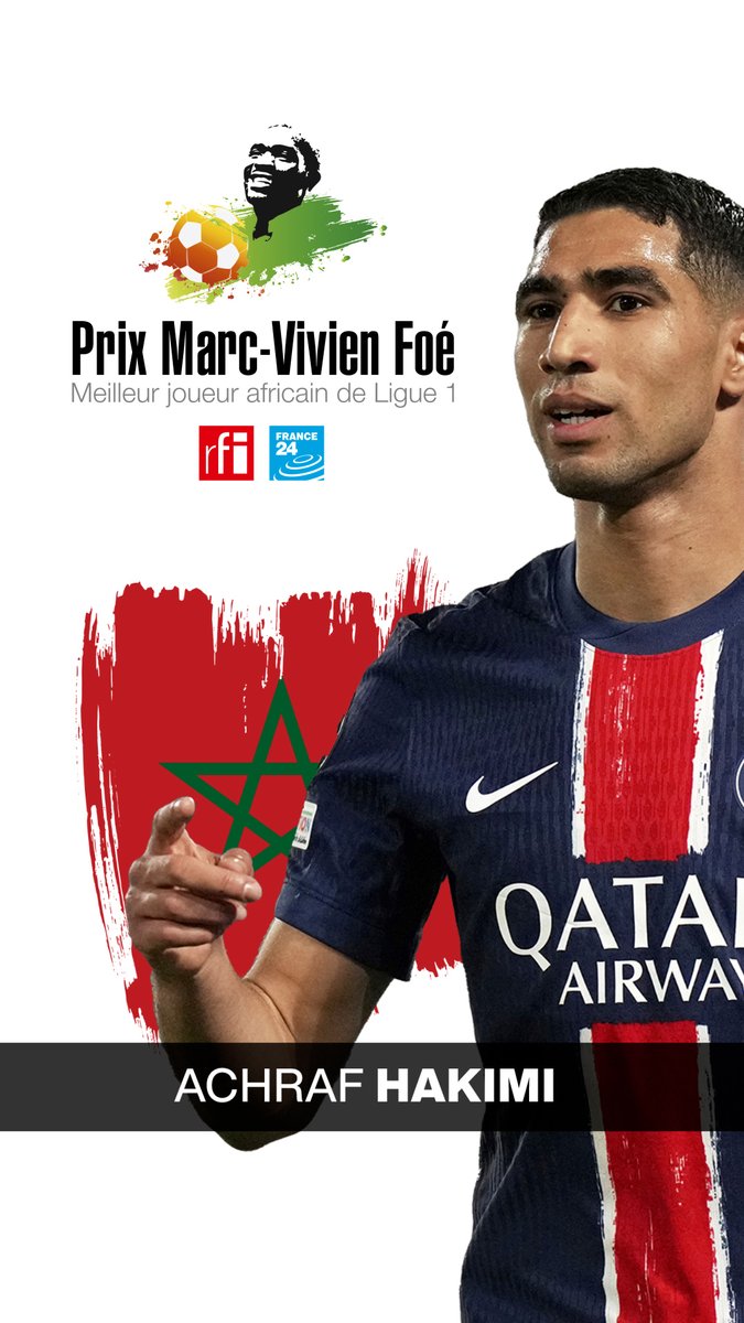 ⚽🏆 Achraf Hakimi, l'arrière-droit du Paris Saint-Germain, est le lauréat du prix Marc-Vivien Foé 2025. ➡️ Décerné chaque année par RFI et France 24, le prix Marc-Vivien Foé récompense le meilleur joueur africain évoluant en ligue 1.
