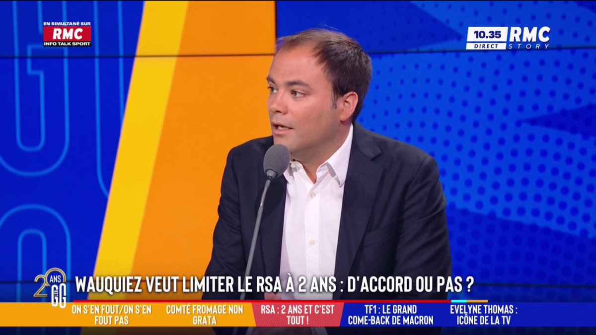 ❌ Wauquiez veut limiter le RSA à deux ans 🗣️ Charles Consigny : "Je suis pour interdire le RSA aux moins de 50 ans et interdire les allocations chômage. Quand tu es jeune, il y a du travail." #GGRMC