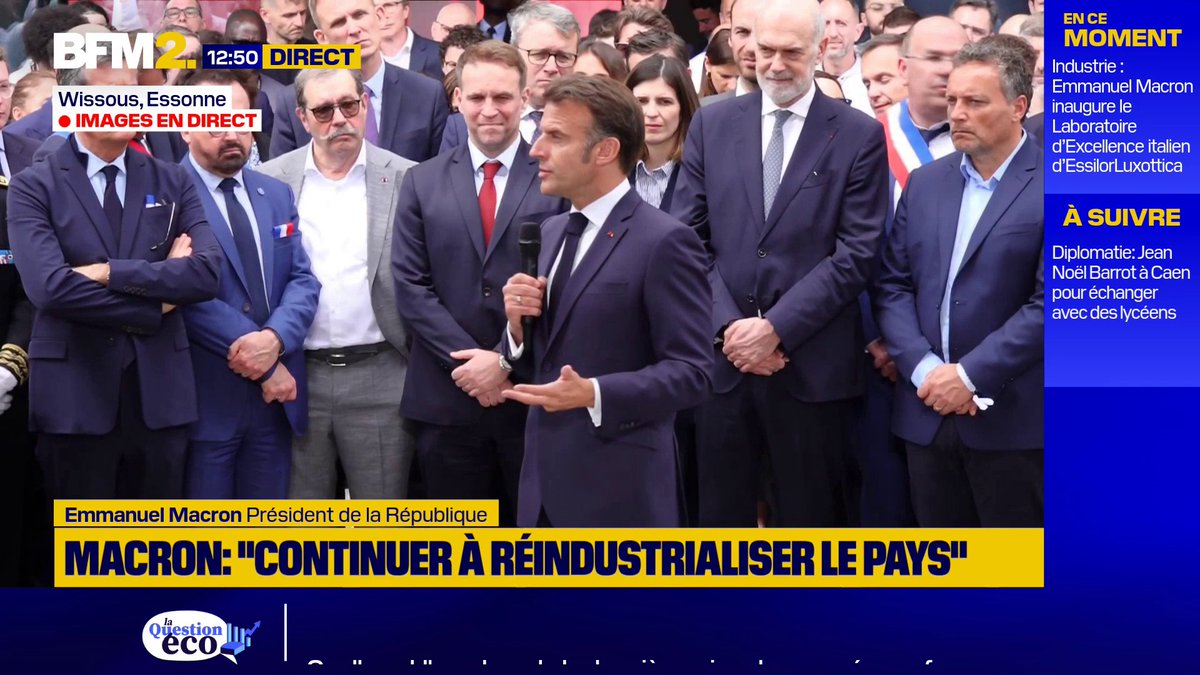 💬 "Nous devons continuer à réindustrialiser le pays" Emmanuel Macron s'exprime à l'occasion de l'inauguration du laboratoire d'excellence d'EssilorLuxottica, dans l'Essonne #BFM2