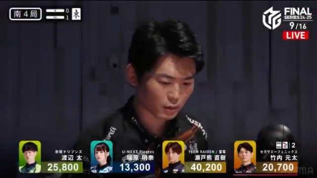 #Mリーグ 2024-25試合ダイジェスト📹 南4局1本場、#竹内元太 選手の親満貫のアガリ! 連荘中の元太選手 タンヤオ平和一盃口赤2の🀜🀟待ちのダマテン! 瀬戸熊選手が仕掛けて聴牌を入れるも🀟が捕まる! 12000の直撃を決めた元太選手がトップ目に浮上! 👇動画タップで今すぐ無料視聴