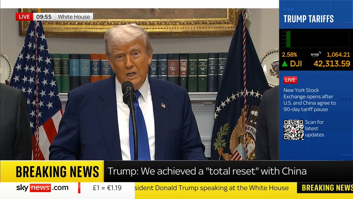 "The talks were very friendly and our relationship is very good." Trump hails a “reset” with China after Geneva talks led to both sides slashing tariffs by 115%. He says a deal will “open up” China and plans to speak with President Xi later this week.