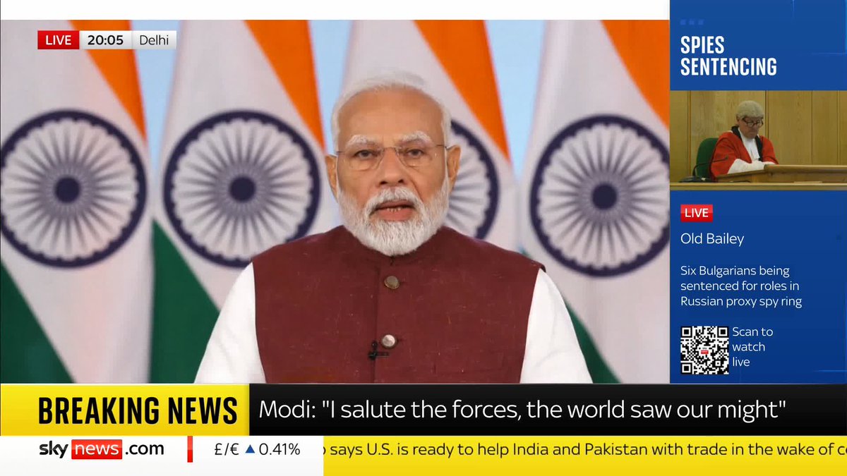 "I salute the forces, the world saw our might." Indian Prime Minister Narendra Modi delivers an address saying, 'the operations we ran was something we did for justice.' 📺 Sky 501, Virgin 602, Freeview 233 and YouTube
