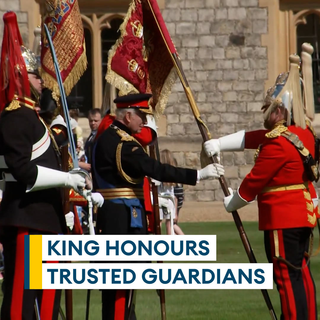 A proud day at Windsor Castle 👏 The King, joined by The Princess Royal, presented new Standards to the Life Guards and the Blues & Royals, symbols of honour, service, and tradition. Read more 🔗