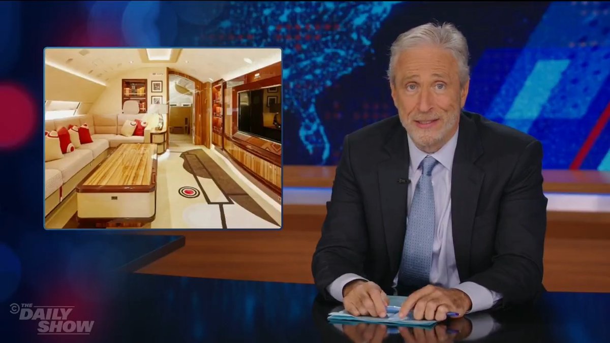.@JonStewart on Trump's new flying f**k palace from Qatar: I would steam the s**t out of those carpets