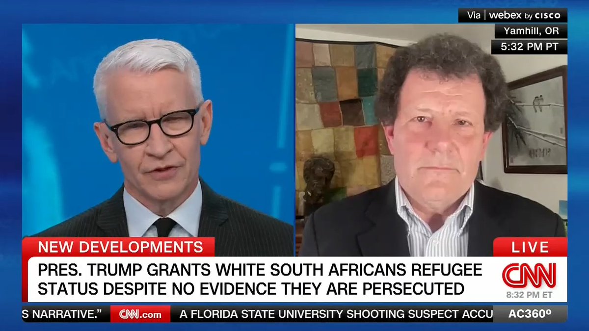 "He's completely turned refugee policy upside down": New York Times columnist Nicholas Kristof on the Trump administration decision to grant refugee status to white South Africans but no one else.
