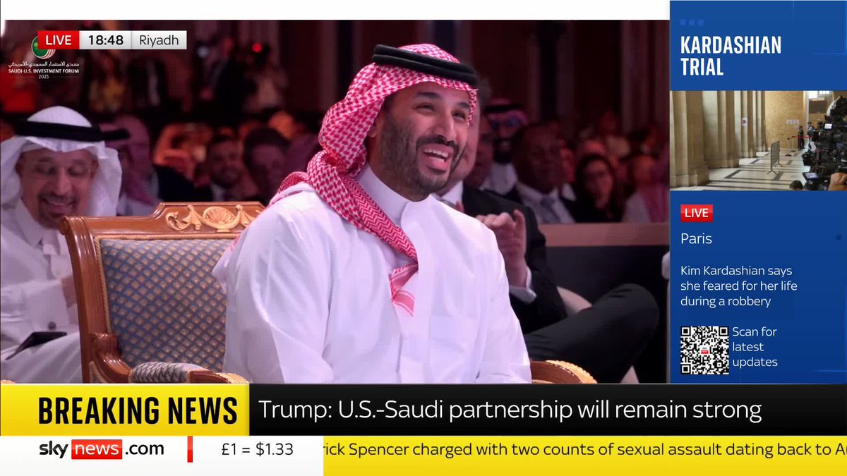 "Mohammed, how do you sleep at night? How do you sleep?" At the Saudi-US Investment Forum, Donald Trump praises the crown prince's leadership, saying critics were "totally wrong" about the kingdom’s transformation. 📺 Sky 501, Freeview 233 and YouTube