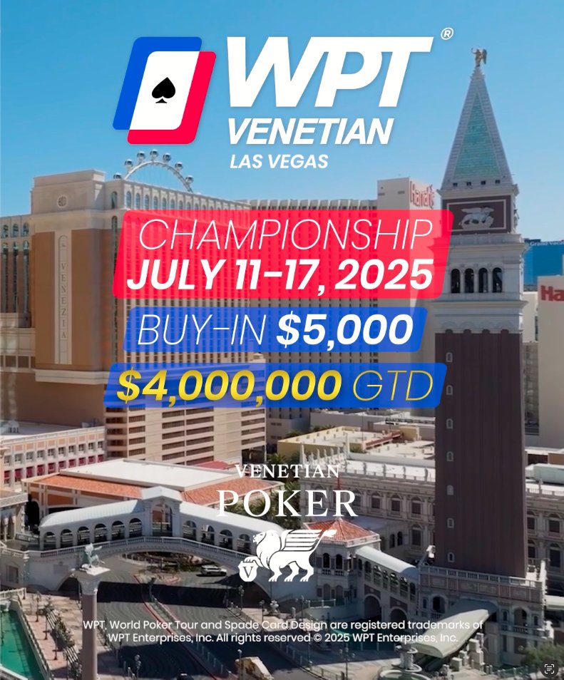 🚨THIS SUMMER The Mike Sexton World Poker Tour Champions Cup returns to The Venetian Resort Las Vegas for a $5,000 WPT Championship $4M GTD running from July 11 to 17th! 🏆 ♠️ A reimagined poker room 💰 $4M guaranteed WPT Championship 📺 Livestreamed final table and it's all happening Venetian Poker Room 👇