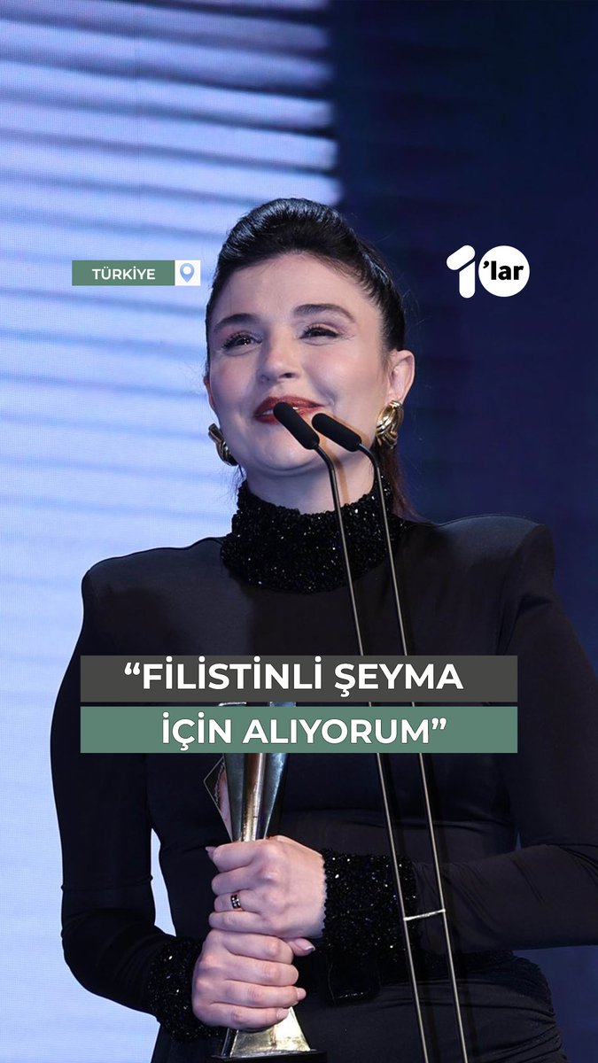 "Bu ödülü, Filistin’den bana mesaj gönderen küçük Şeyma için alıyorum." Oyuncu Gonca Vuslateri, "Yılın En İyi Kadın Oyuncusu" ödülünü, kızı Asya'nın doğum gününü kutlayan Filistinli Şeyma için aldı. [Gonca Vuslateri]