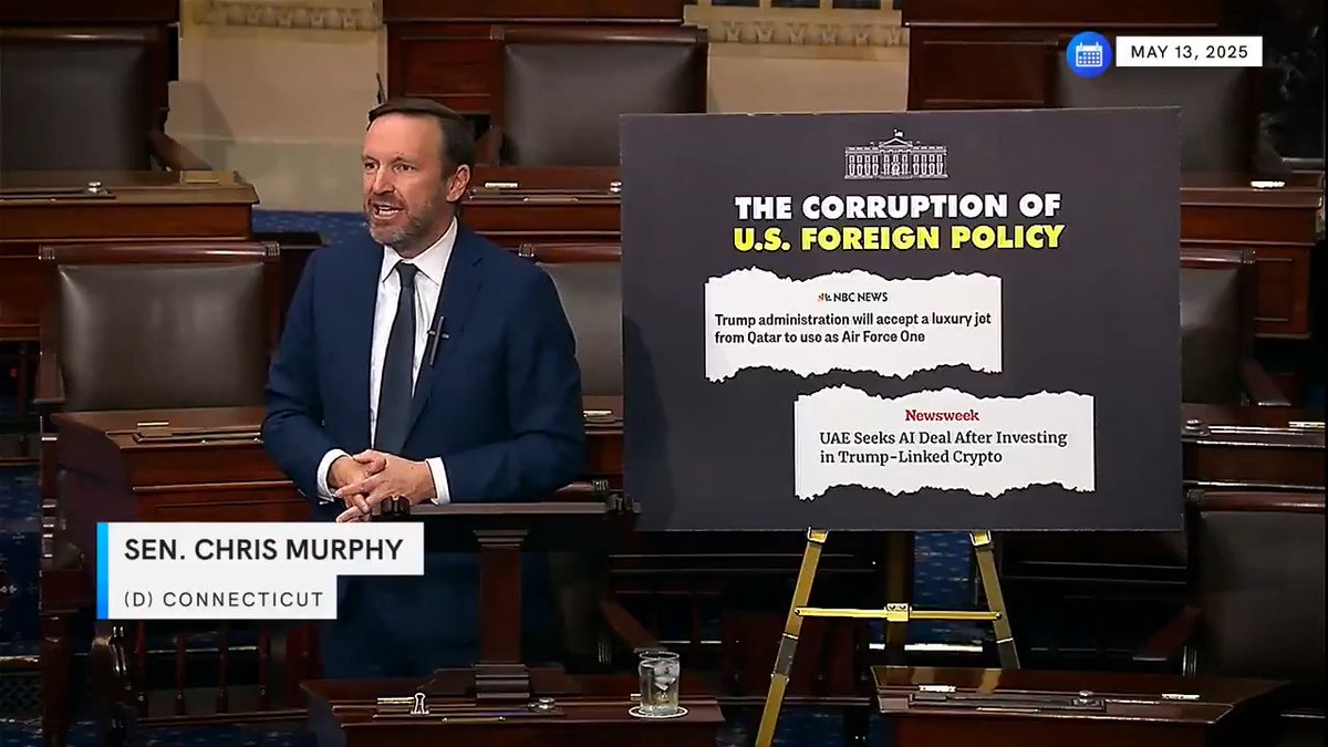 President Trump is accepting a $400 million luxury plane from Qatar while he drives up prices for Americans and kicks 13 million people off of their health care “This isn't America first.” “This is Trump first.” —Senator Chris Murphy 🟧