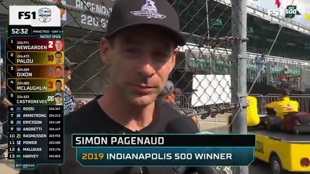 He's on the No. 3 team's box. Simon Pagenaud talks with Jamie Little. #Indy500