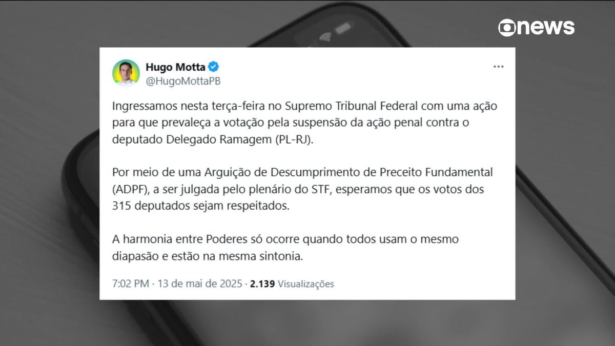 Hugo Motta aciona STF sobre caso de Alexandre Ramagem. Presidente da Câmara protocola ação para que decisão dos deputados sobre suspensão dos processos contra o parlamentar seja mantida. Elisa Clavery traz os detalhes. ➡ Assista ao #Edição18: #GloboNews