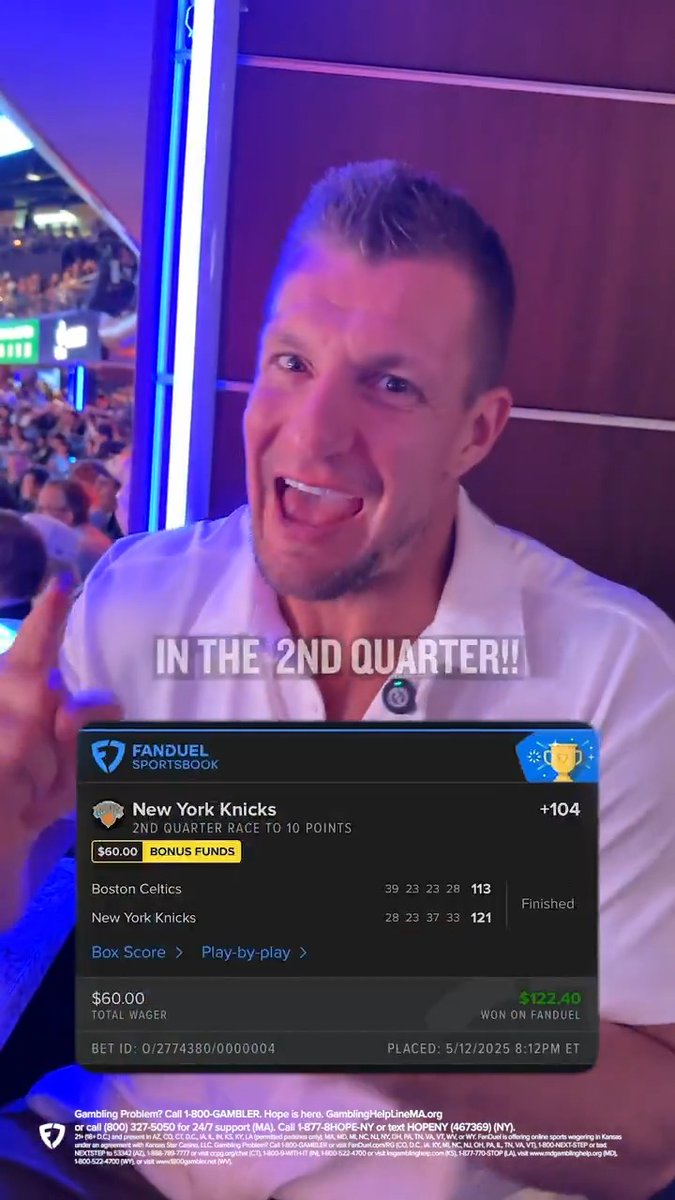 Our guy Rob Gronkowski was at the Knicks-Celtics game last night 🙌 Had the Knicks to win the race to 10 points in the 2nd quarter and CRUSHED IT 🔥