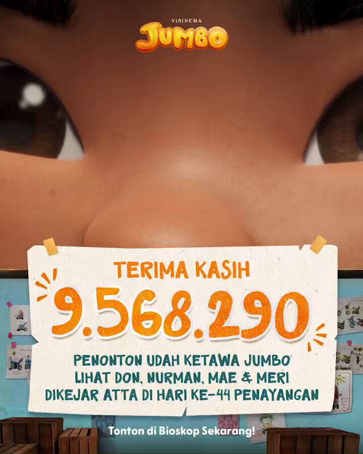 Gak berhenti bersyukur karena hari ini udah 9.568.290 orang ikutan ketawa JUMBO ngeliat Don, Nurman, Mae, dan Mei dikejar Atta! Terima kasih buat semua yang udah nonton dan kasih sambutan luar biasa untuk petualangan seru ini 🧡 #JumboUntukSemua #JUMBO #FilmJumbo