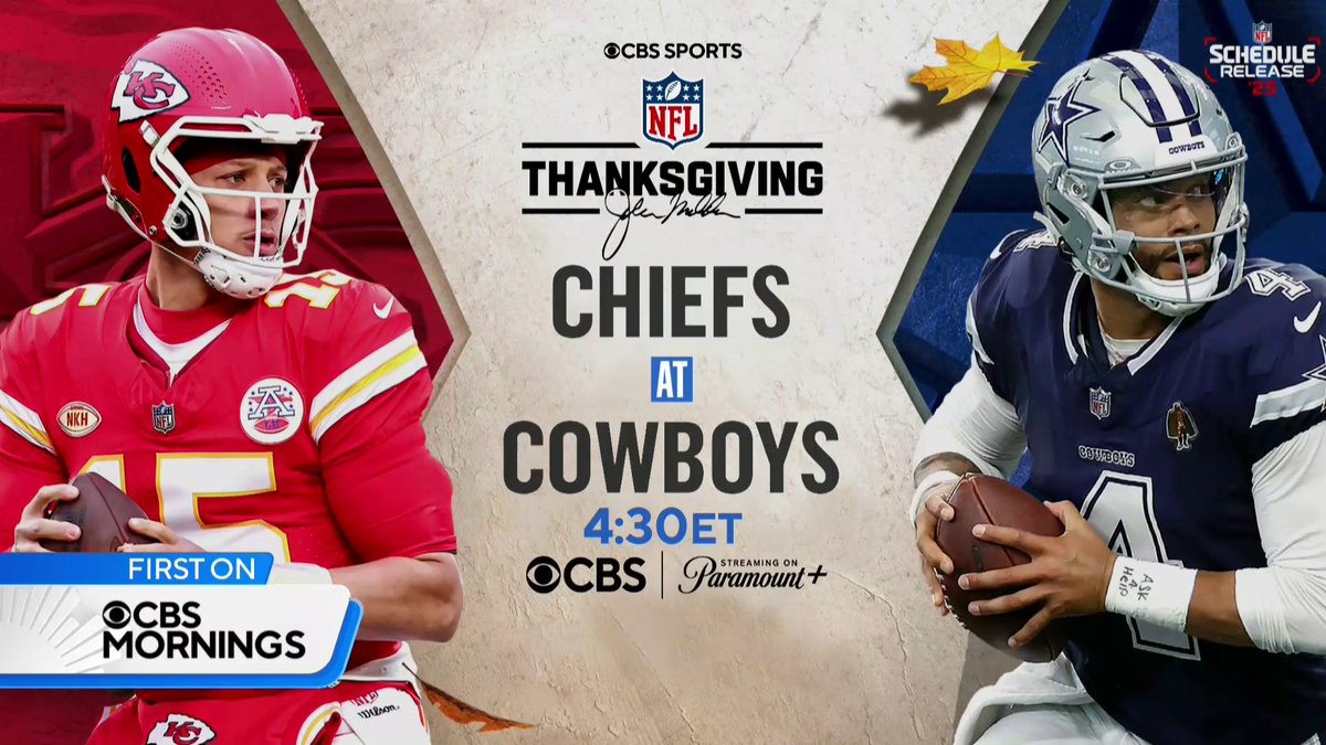 EXCLUSIVE: CBS Sports’ Bill Cowher reveals a marquee Thanksgiving Day matchup between the Dallas Cowboys and the Kansas City Chiefs on CBS. Every game of the 2025 NFL schedule will be revealed tonight at 8 p.m. ET on the NFLNetwork.