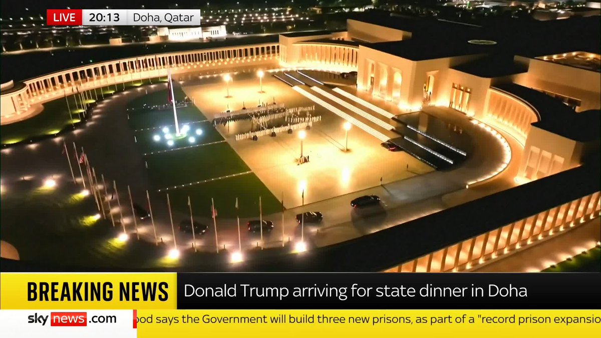 BREAKING: Donald Trump arrives at Lusail Palace in Doha for a state dinner. 📺 Sky 501, Virgin 602, Freeview 233 and YouTube