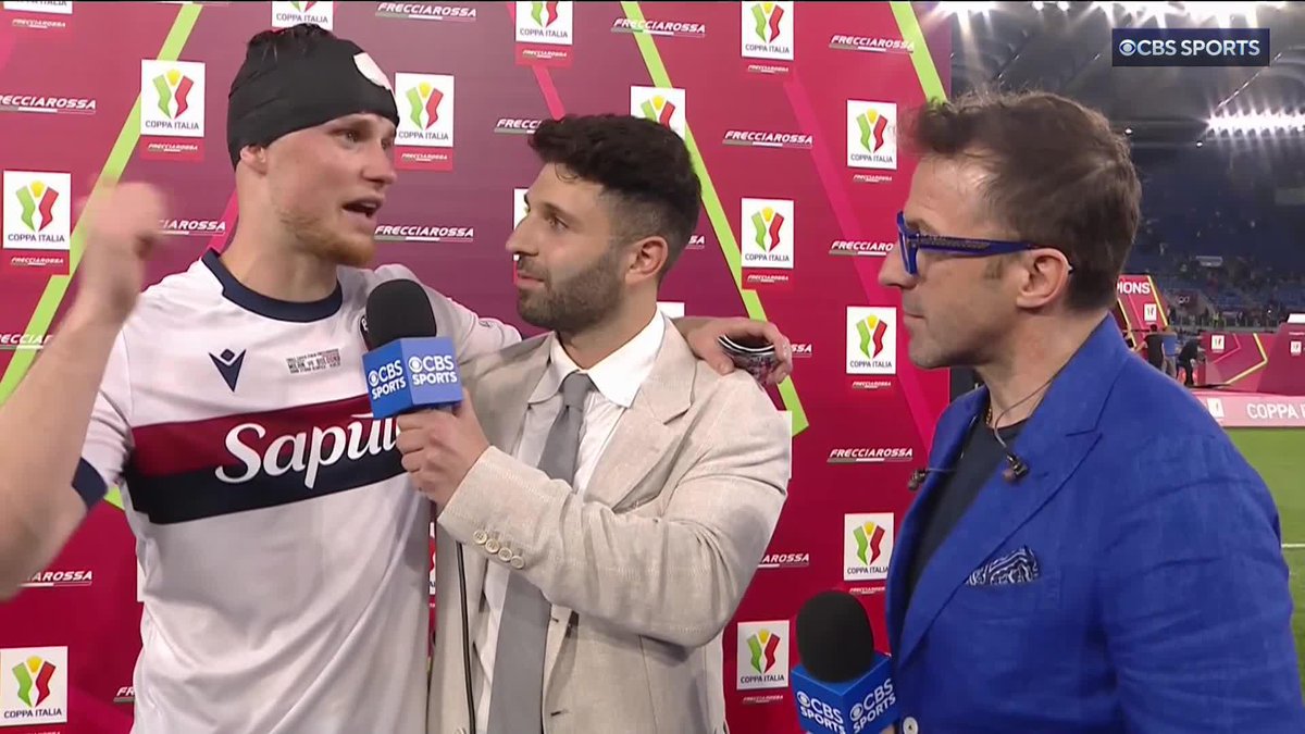“The better team won and that’s us.” 💪 Bologna FC 1909’s Sam Beukema joins Marco Messina and Alessandro Del Piero 🎶 one more time 🎶 tonight to celebrate winning the Coppa Italia 🇮🇹