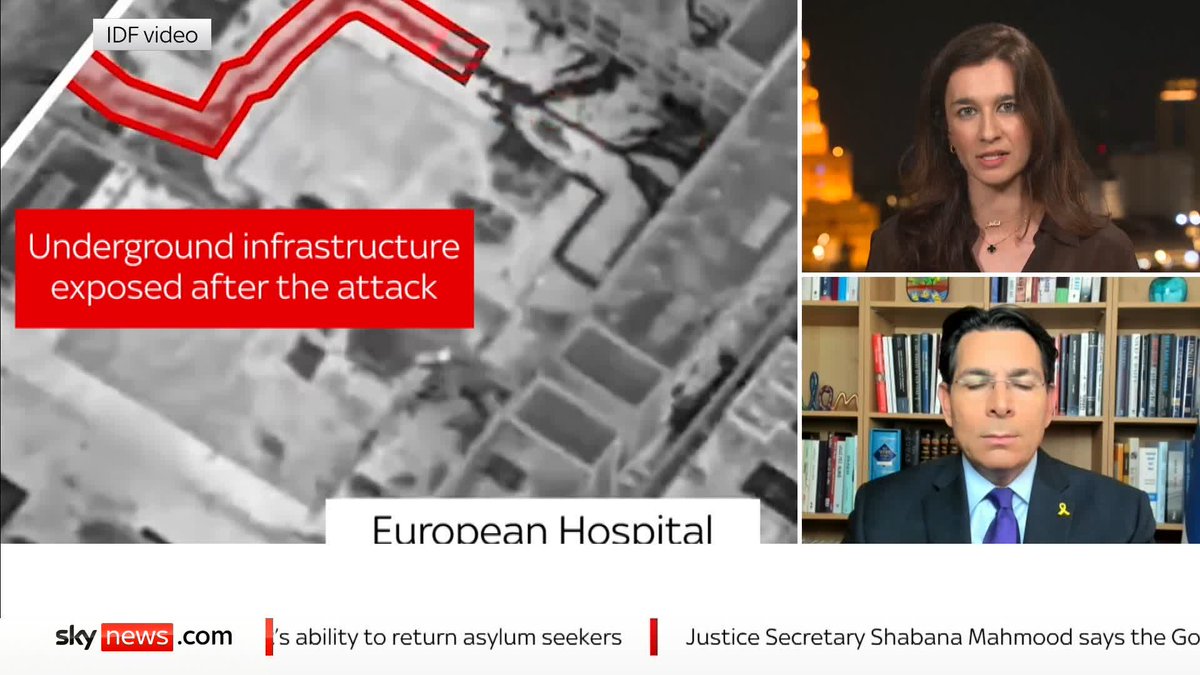 Israel's Ambassador to the UN Danny Danon 🇮🇱 דני דנון is challenged by Yalda Hakim on footage released by the IDF which they say shows 'underground terrorist infrastructure' underneath a hospital. A Sky News investigation contradicts Israel's evidence justifying an airstrike on this site