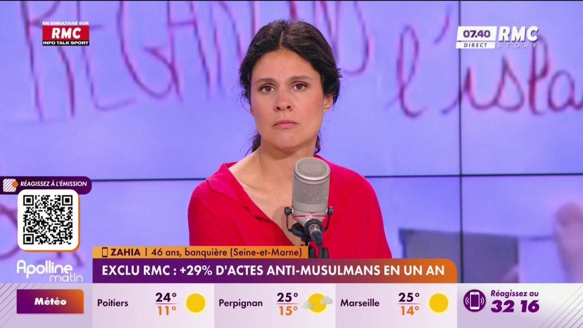 🔴 Forte hausse des actes anti-musulmans et anti-arabes 🎙️ "Ça fait des années que ça dure et ça empire", affirme Zahia, auditrice RMC. #ApollineMatin