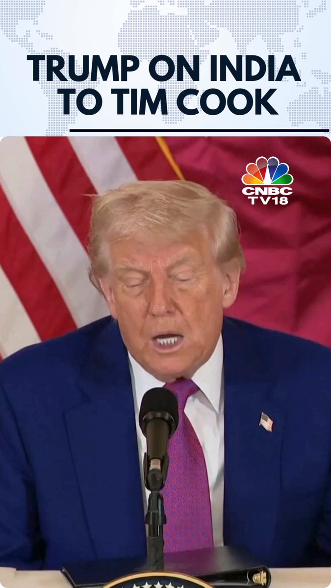 "I told Tim Cook we're not interested in you building (Apple) in India, they can take care of themselves, you up your production here (US)," claimed Trump. He added that India was one of the highest tariff-imposing countries & has now made an offer to reduce tariffs significantly #DonaldTrump #India #Apple #TimCook #IPhone #CNBCTV18Digital