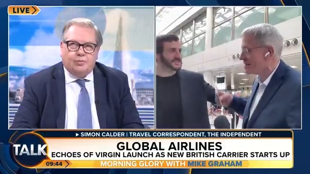 James Asquith, founder of Global Airlines, gate crashes travel guru Simon Calder's interview with Mike Graham. James Asquith: "Did you get a cupcake?" Mike Graham 🇬🇧 | Simon Calder